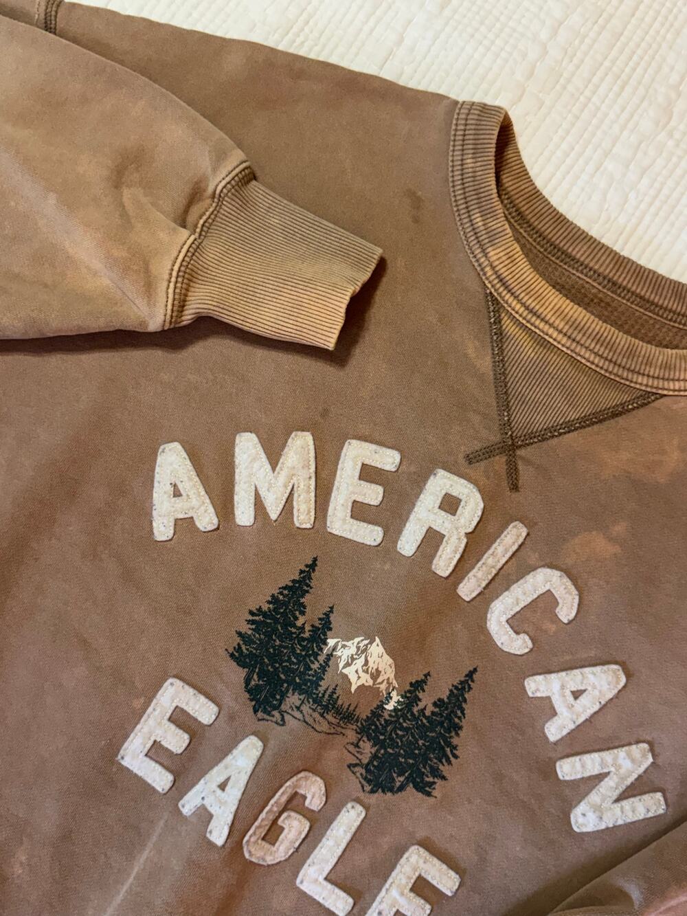 American Eagle Crewneck Sweatshirt Medium Brown Distressed Gorpcore READ FLAW